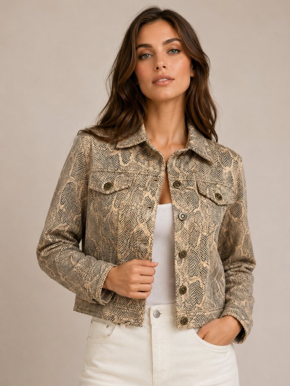 Ruby Rd Petite Snakeskin Print Cropped Snap-Front Jacket Tan Black 6P